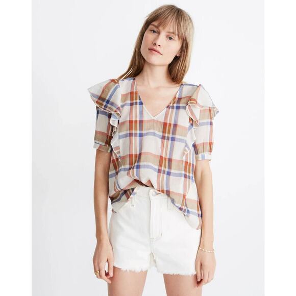 Madewell Ruffle Sleeve Plaid Top – V-Neck – Size XL EUC - Picture 1 of 11